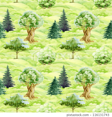 Trees growing in the forest seamless pattern. Forest trees seamless pattern. Watercolor illustration. Painted oak, pine, fir tree, bush, grass elements. Green various plants natural park landscape Trees growing in the forest seamless pattern. Forest trees seamless pattern. Watercolor illustration. Painted oak, pine, fir tree, bush, grass elements. Green various plants natural park landscape 116131743