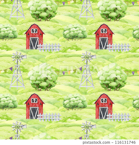 Farm scene seamless pattern. Watercolor vintage style illustration. Hand drawn red barn, windmill, white fence, bushes, green grass. Village farm landscape scene seamless pattern 116131746