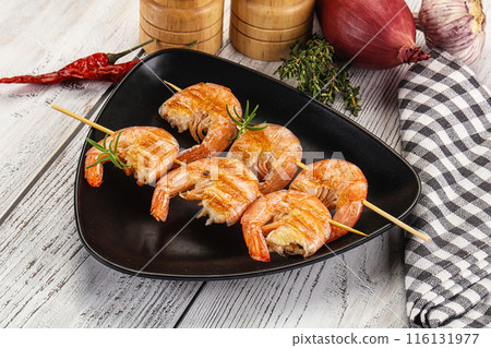 Grilled king prawn skewer snack Grilled king prawn skewer snack 116131977