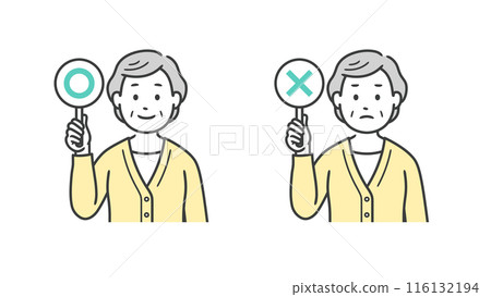 Illustration of a senior woman's upper body holding a round number 116132194