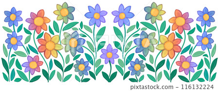 A row of cute and bright rainbow flowers for decorating paper frames. A row of cute and bright rainbow flowers for decorating paper frames. 116132224