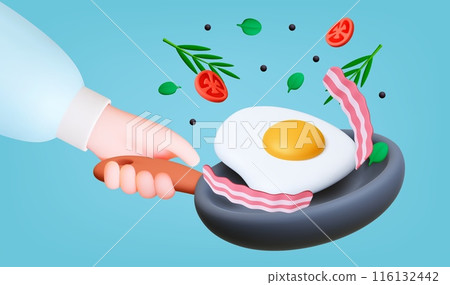 Female hand hold frying pan. 3d cooking concept. Woman cook breakfast, fried eggs with bacon greens tomatoes and pepper. Render realistic food vector banner Female hand hold frying pan. 3d cooking concept. Woman cook breakfast, fried eggs with bacon greens tomatoes and pepper. Render realistic food vector banner 116132442
