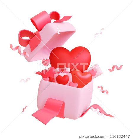Romantic surprise box 3d design. Pink and red hearts, letter and confetti. Open gift with love elements inside. Realistic render vector concept Romantic surprise box 3d design. Pink and red hearts, letter and confetti. Open gift with love elements inside. Realistic render vector concept 116132447