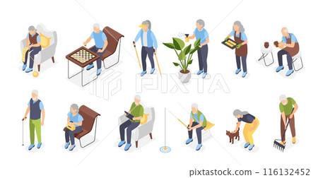 Isometric elderly characters. Old people hobbies, knitting fishing gardening reading and chess playing. Pension lifestyle flawless vector set Isometric elderly characters. Old people hobbies, knitting fishing gardening reading and chess playing. Pension lifestyle flawless vector set 116132452