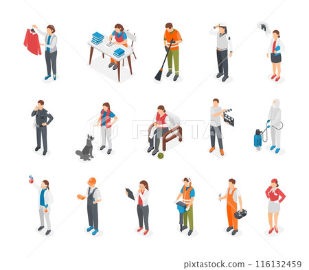 Different professions people in uniform. Isometric professionals wear working clothes. Policeman seaman manager and dog trainer, flawless vector set 116132459