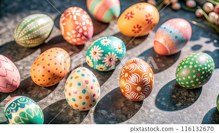 Happy Easter day with colorful egg prints copy space for text 116132670