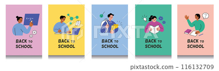 Back to school vector cards set with students and teachers. Flat cartoon style studying templates. Illustrations for education, learning. Classroom compositions with fun and playful characters Back to school vector cards set with students and teachers. Flat cartoon style studying templates. Illustrations for education, learning. Classroom compositions with fun and playful characters 116132709