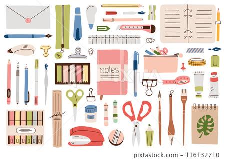 Vector illustration of stationery, cartoon collection of school and office supplies. Set of pencils, pens, notebooks. Flat doodles of rulers, highlighters, tools for art, education and organization Vector illustration of stationery, cartoon collection of school and office supplies. Set of pencils, pens, notebooks. Flat doodles of rulers, highlighters, tools for art, education and organization 116132710