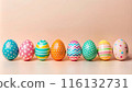 Happy Easter day with colorful egg prints copy space for text shot in studio Happy Easter day with colorful egg prints copy space for text shot in studio 116132731