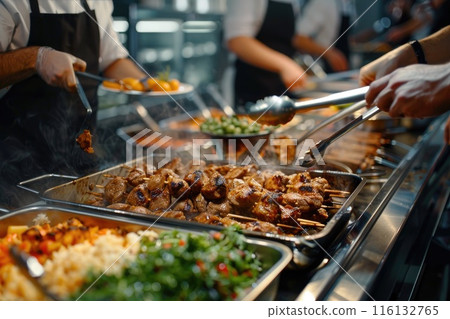 Group of people on catering buffet food indoor in restaurant with grilled meat. 116132765