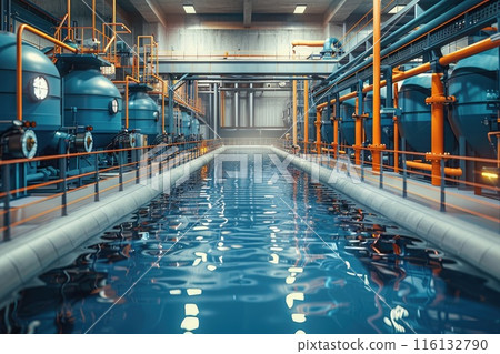 Modern wastewater treatment plant of chemical factory. Water purification tanks 116132790