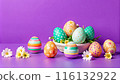 Happy Easter day with colorful egg prints copy space for text shot in studio Happy Easter day with colorful egg prints copy space for text shot in studio 116132922