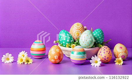 Happy Easter day with colorful egg prints copy space for text shot in studio 116132922