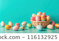 Happy Easter day with colorful egg prints copy space for text shot in studio Happy Easter day with colorful egg prints copy space for text shot in studio 116132925