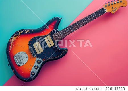 Retro electric guitar on colored background 116133323