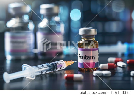 Fentanyl drug and syringe. Fentanil is opioid used as a pain medication and for anesthesia. 116133331