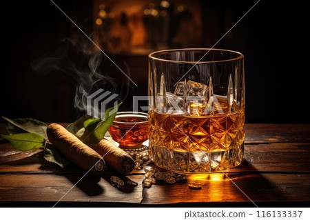 Whiskey glass with ice and a cigar on wooden table 116133337