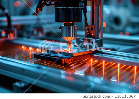 Robotic manufacturing of semiconductors and computer chips from silicon wafers. Modern technology concept 116133367