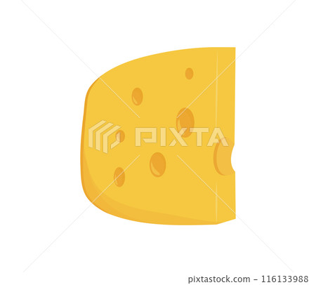 Cheese slice in cartoon style. Image of a sliced large thick piece of cheese. Piece of cheese with holes isolated on white background. 116133988