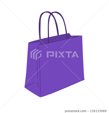 Purple shopping bag in flat style. Paper bag for purchase, isolated on white. Purple shopping bag in flat style. Paper bag for purchase, isolated on white. 116133989
