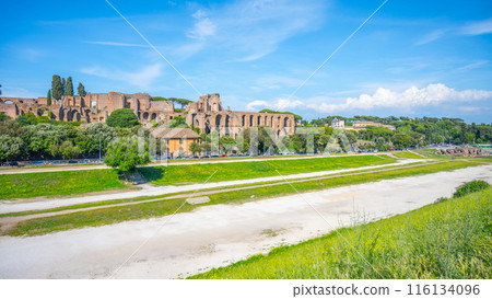 The Circus Maximus, Italian: Circo Massimo, an ancient Roman chariot-racing stadium and mass entertainment place in ancient Rome, Italy. With buildings of Palatine Hill on background 116134096