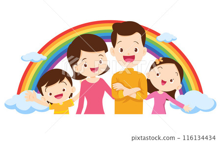 Happy big family in front of house ,rainbow Happy big family in front of house ,rainbow 116134434