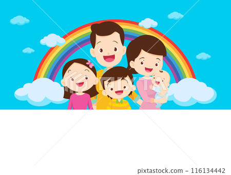 Happy big family in front of house ,rainbow 116134442