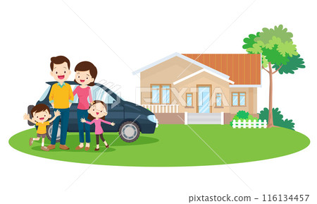 Happy big family in front of house ,rainbow 116134457