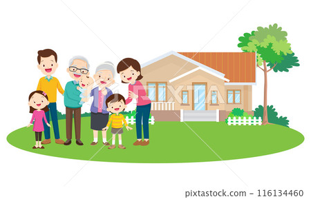 Happy big family in front of house ,rainbow 116134460