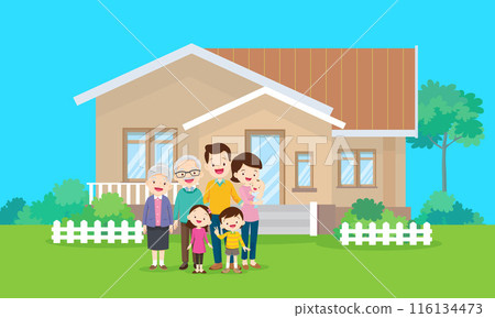 Happy big family in front of house ,rainbow 116134473
