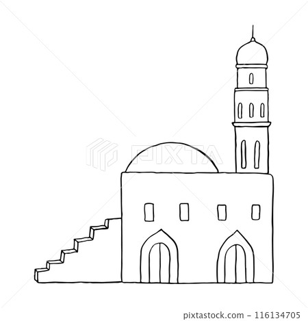 Moroccan Arabic minimalist landscape of old town simple black and white vector illustration. Ancient Middle East architecture with tower and stairs line sketch 116134705