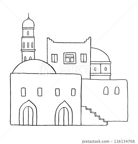 Jerusalem old town street flat line vector illustration in black and white. Minimalist Arabic houses landscape in Middle East. Islamic architecture with tower and stairs sketch Jerusalem old town street flat line vector illustration in black and white. Minimalist Arabic houses landscape in Middle East. Islamic architecture with tower and stairs sketch 116134708