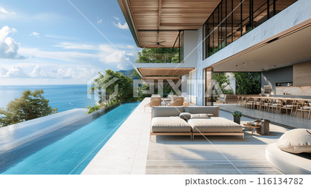 Living room outdoor private beach balcony and sunbed sea view pool side and blue sky on the morning 116134782