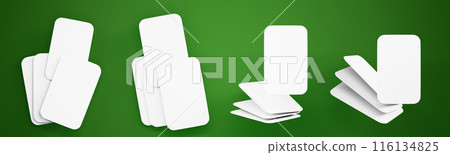 3d mockup of white blank playing cards for blackjack, poker, board games on green casino table background. Shuffling deck, dealing cards. Isolated set of tarot, discount or gift cards. 3D illustration 3d mockup of white blank playing cards for blackjack, poker, board games on green casino table background. Shuffling deck, dealing cards. Isolated set of tarot, discount or gift cards. 3D illustration 116134825