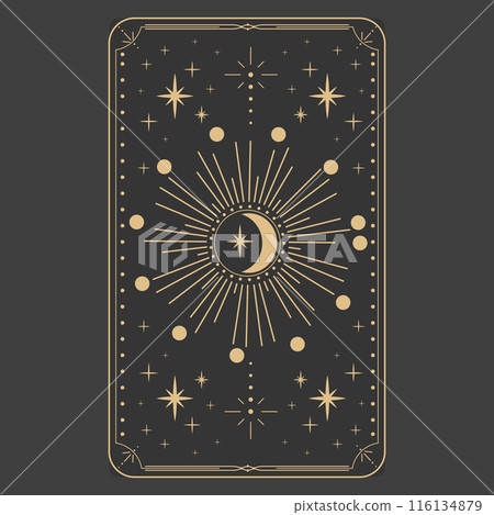 Alchemical esoteric mystical magic templates for tarot cards frame border with golden line celestial elements, esoteric astrology mystery ornament with moon, star isolated on dark background. Alchemical esoteric mystical magic templates for tarot cards frame border with golden line celestial elements, esoteric astrology mystery ornament with moon, star isolated on dark background. 116134879