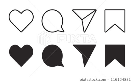 Media Icons interface social media like, chat, send and save symbols. Minimal ig set. Like notification, comment notification, follower notification social media Media Icons interface social media like, chat, send and save symbols. Minimal ig set. Like notification, comment notification, follower notification social media 116134881