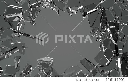 3d broken glass shatters flying pieces on black background render. Smithereens breaking crystal or ice, explode window shard fragments, sharp mirror debris of abstract shape in motion. 3D illustration 116134901