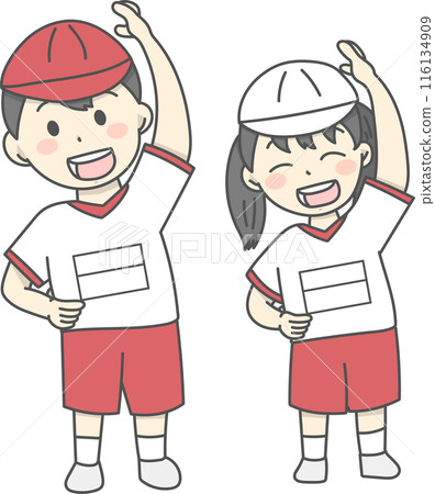 Illustration of kids in gym clothes doing gymnastics 116134909