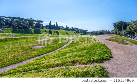 The Circus Maximus, Italian: Circo Massimo, an ancient Roman chariot-racing stadium and mass entertainment place in ancient Rome, Italy. With buildings of Palatine Hill on background 116134969