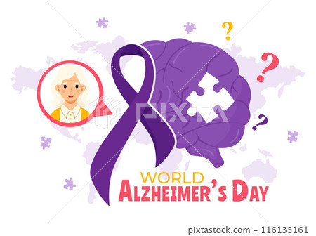 World Alzheimer's Day Vector Illustration featuring an Elderly and a Brain Jigsaw Puzzle Symbolizing Memories on a Purple Ribbon Flat Background 116135161