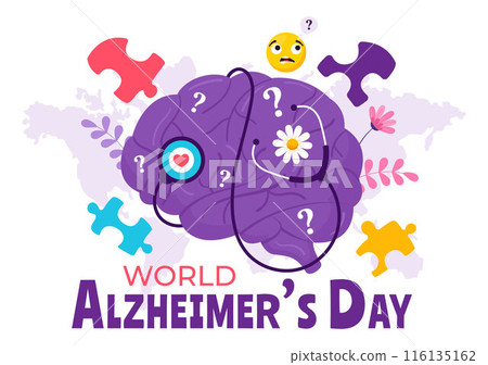 World Alzheimer's Day Vector Illustration featuring an Elderly and a Brain Jigsaw Puzzle Symbolizing Memories on a Purple Ribbon Flat Background World Alzheimer's Day Vector Illustration featuring an Elderly and a Brain Jigsaw Puzzle Symbolizing Memories on a Purple Ribbon Flat Background 116135162