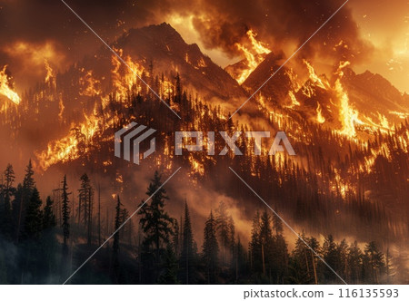 Forest at fire. Burning tree disaster. Flame and smoke in mountain. Wildfire destruction of nature. Global warming problem. Bushfire danger 116135593