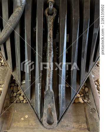 Front of a vintage train with sharp nose for clearing tracks 116135602