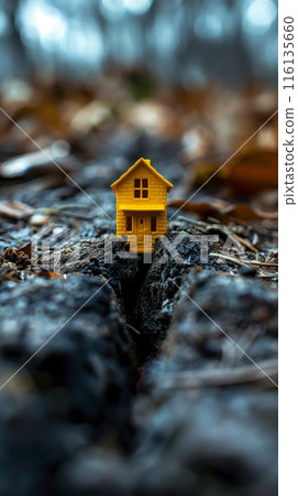 Yellow Toy House Caught in Forest Crack 116135660