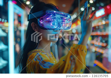 Asian Woman Wearing VR Headset Interacts With Futuristic Shopping Interface in a Retail Store 116135705