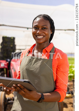 African American young female farm supervisor in greenhouse, holding tablet, smiling at camera 116135764