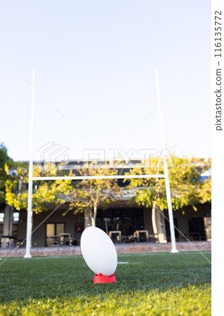 A rugby ball sits ready for kickoff on a bright field outdoors, copy space 116135772