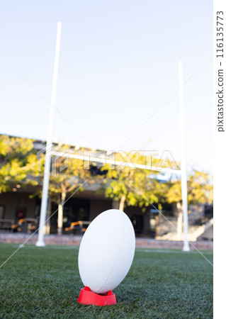 Rugby ball standing on red kicking tee on field outdoors, field goal posts in background, copy space 116135773