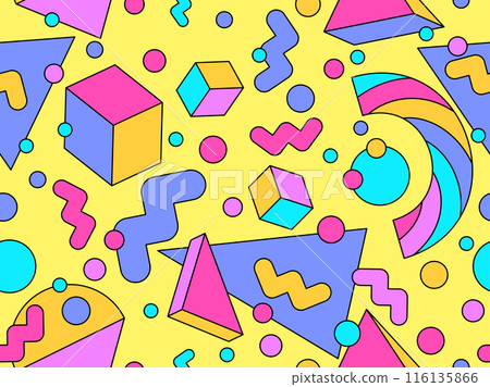 Geometric seamless pattern in 80s style. Colorful geometric pattern with isometric geometric 3D shapes. Design of promotional products, wrapping paper and printing. Vector illustration 116135866