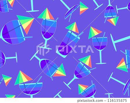Glass with umbrella and straw seamless pattern. Multi-colored cocktail in a glass with a white outline. Tropical striped cocktail in a glass with an umbrella and a straw. Vector illustration 116135875